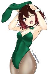 Rule 34 | 10s, 1girl, animal ears, bow, bowtie, brown eyes, brown hair, detached collar, fake animal ears, gradient hair, hassen (8cm), kantai collection, leotard, multicolored hair, mutsuki (kancolle), one eye closed, pantyhose, playboy bunny, rabbit ears, rabbit tail, short hair, solo, standing, tail, wrist cuffs