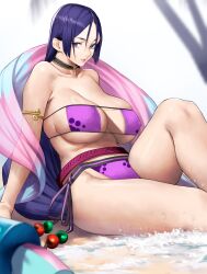 Rule 34 | 1girl, absurdres, arm support, armlet, bare shoulders, beach, beads, bikini, blurry, blurry background, blush, breasts, choker, cleavage, collarbone, covered erect nipples, day, eyepatch bikini, fate/grand order, fate (series), feet out of frame, highres, knee up, large breasts, lips, long hair, looking at viewer, looking to the side, minamoto no raikou (fate), minamoto no raikou (fate/grand order), minamoto no raikou (swimsuit lancer) (fate), navel, palm tree, parted bangs, purple bikini, purple eyes, purple hair, sash, shore, side-tie bikini bottom, sitting, skindentation, solo, swimsuit, teeth, thighs, tree, very long hair, water, yoshio (55level)