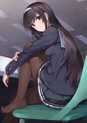 Rule 34 | 1girl, absurdres, black hair, black pantyhose, black skirt, blazer, blue jacket, breasts, ceiling, ceiling light, chair, closed mouth, commentary, expressionless, feet, from side, hairband, highres, indoors, jacket, kasumigaoka utaha, knees up, legs, long hair, looking at viewer, medium breasts, no shoes, pantyhose, pleated skirt, red eyes, saenai heroine no sodatekata, sailor collar, school uniform, sideboob, sitting, skirt, solo, tile ceiling, tiles, toes, white hairband, white sailor collar, yanagi marie