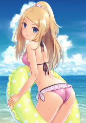 Rule 34 | 10s, 1girl, ass, bikini, blonde hair, blue eyes, blush, breasts, cloud, cloudy sky, creatures (company), day, game freak, gradient background, highres, innertube, long hair, looking at viewer, md5 mismatch, n.g., nintendo, open mouth, outdoors, pink bikini, pokemon, pokemon xy, ponytail, scrunchie, serena (pokemon), sidelocks, sky, small breasts, solo, sparkle, string bikini, swim ring, swimsuit, water, wet