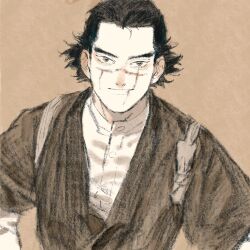 Rule 34 | 1boy, black hair, brown background, brown eyes, chengongzi123, closed mouth, collared shirt, golden kamuy, highres, limited palette, looking at viewer, male focus, scar, scar on face, shirt, short hair, simple background, smile, sugimoto saichi, upper body, wide sleeves