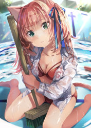 Rule 34 | 1girl, absurdres, animal ears, between legs, bikini, bikini under clothes, blue ribbon, breasts, broom, brown hair, cat ears, cat tail, cleaning, cleavage, closed mouth, collarbone, empty pool, green eyes, hair ribbon, highres, hiromi yuki, holding, holding broom, long hair, looking at viewer, moe2022, open clothes, open shirt, original, outdoors, pool, red bikini, ribbon, see-through, shirt, sitting, small breasts, starting block, swimsuit, tail, thighs, two side up, wariza, wet, wet clothes, wet shirt, white shirt