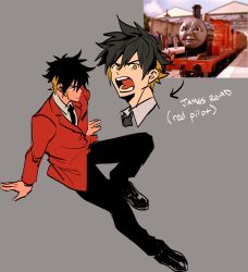 Rule 34 | 1boy, angry, bad id, bad twitter id, black hair, blazer, character name, character sheet, full body, grey background, jacket, james the red engine, kendy (revolocities), looking at viewer, male focus, multicolored hair, multiple views, redesign, shouting, simple background, sitting, thomas the tank engine, two-tone hair, yellow eyes