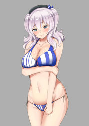 Rule 34 | 10s, 1girl, adapted costume, alternate costume, bare shoulders, bikini, blue eyes, blush, breast hold, breasts, cleavage, collarbone, hair between eyes, hazamanokaien, highres, kantai collection, kashima (kancolle), kurokku, large breasts, lawson, looking at viewer, navel, side-tie bikini bottom, silver hair, simple background, solo, stomach, striped bikini, striped clothes, swimsuit, twintails, wavy mouth