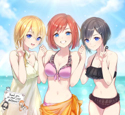 Rule 34 | 5girls, alternate costume, bare arms, bare shoulders, bikini, black bikini, black hair, blonde hair, blue eyes, blue sky, breasts, cat, chibi, chirithy, cleavage, cloud, commentary, day, dress, english text, frilled bikini, frills, front-tie bikini top, front-tie top, gogo (detteiu de), grin, hair over shoulder, highres, holding hands, kairi (kingdom hearts), kingdom hearts, kingdom hearts 358/2 days, kingdom hearts chain of memories, kingdom hearts iii, kingdom hearts unchained x, long hair, looking at viewer, medium breasts, multiple girls, namine, navel, outdoors, pink bikini, red hair, sarong, short hair, skuld (kingdom hearts), sky, smile, strelitzia (kingdom hearts), sundress, sunlight, swimsuit, v, white dress, xion (kingdom hearts)