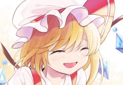 Rule 34 | 1girl, blonde hair, blush, closed eyes, commentary request, crystal, fang, flandre scarlet, hat, mob cap, nakukoroni, open mouth, portrait, red ribbon, ribbon, shirt, smile, solo, touhou, white background, white hat, white shirt, wings, yellow background
