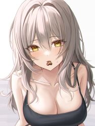 Rule 34 | 1girl, black tank top, blush, breasts, candy, chocolate, chocolate heart, cleavage, close-up, food, food in mouth, grey hair, hair between eyes, heart, honkai: star rail, honkai (series), looking at viewer, melt (melt out1), mouth hold, simple background, solo, stelle (honkai: star rail), sweatdrop, tank top, trailblazer (honkai: star rail), upper body, white background, yellow eyes