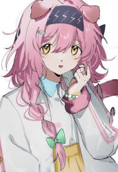 Rule 34 | 1girl, animal ears, arknights, black hairband, bow, braid, brown eyes, cat ears, cat girl, cat tail, collared shirt, dress shirt, goldenglow (arknights), green bow, hair between eyes, hair bow, hair over shoulder, hairband, hand up, inu to milk, jacket, lightning bolt print, long hair, long sleeves, looking at viewer, open clothes, open jacket, pink hair, pleated skirt, print hairband, shirt, simple background, single braid, skirt, solo, tail, upper body, white background, white jacket, white shirt, yellow skirt