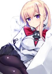 Rule 34 | 10s, 1girl, black pantyhose, blonde hair, breasts, crossed arms, crossed legs, female focus, graf zeppelin (kancolle), henet hene, kantai collection, large breasts, light smile, looking at viewer, military, military uniform, pantyhose, purple eyes, shirt, sitting, skirt, solo, twintails, uniform