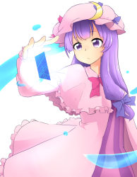 Rule 34 | 1girl, bow, capelet, cowboy shot, crescent moon, dress, expressionless, hair bow, hat, hat ornament, kameyan, long hair, mob cap, moon, pajamas, patchouli knowledge, purple eyes, purple hair, simple background, solo, spell card, striped clothes, striped dress, touhou, white background