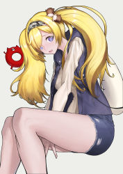 Rule 34 | 1girl, absurdres, between legs, blonde hair, blue eyes, breasts, collared shirt, denim, denim shorts, gambier bay (kancolle), grey background, hair ornament, hairband, hand between legs, highres, kantai collection, large breasts, lifebuoy, miyamoya, shirt, shorts, sitting, solo, swim ring, twintails, vest, white shirt