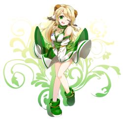Rule 34 | 1girl, blonde hair, blush, boots, breasts, character request, cleavage, detached sleeves, dress, green dress, green eyes, green footwear, head tilt, highres, horns, kutata, long hair, long sleeves, looking at viewer, medium breasts, one eye closed, solo, standing, standing on one leg, tartaros online, very long hair, white background, wind, wind lift