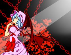 Rule 34 | 1girl, ass, blood, blue eyes, chain, dress, flat chest, red eyes, remilia scarlet, ribbon, roro (sghona10), tagme, touhou, wings