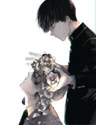 Rule 34 | 2boys, artist name, bowl cut, closed eyes, closed mouth, collared shirt, covered mouth, facing up, flower wreath, formal, from side, gakuran, jacket, kageyama shigeo, long sleeves, male focus, mob psycho 100, mochinue, multiple boys, necktie, petals, profile, reigen arataka, school uniform, shirt, short hair, simple background, suit