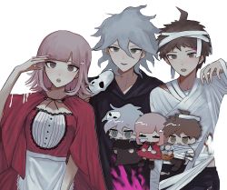 Rule 34 | 1girl, 2boys, :o, ahoge, alternate hair ornament, apron, bandages, black footwear, black pants, blunt bangs, breasts, brown hair, capelet, commentary, cosplay, crazy eyes, danganronpa (series), danganronpa 2: goodbye despair, death (entity), galaga, grey hair, grim reaper, grim reaper (cosplay), hair between eyes, hair ornament, halloween costume, highres, hinata hajime, holding, holding mask, hood, hood down, komaeda nagito, large breasts, little red riding hood, little red riding hood (grimm), little red riding hood (grimm) (cosplay), looking at viewer, mask, mask on head, multiple boys, mummy costume, nail polish, nanami chiaki, open mouth, pants, red capelet, red nails, red ribbon, red skirt, ribbon, short hair, skirt, sleeping, symbol-only commentary, teeth, triangle hair ornament, upper teeth only, uyu (uyuchaxx), waist apron, white apron