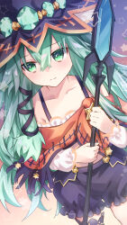 Rule 34 | 1girl, absurdres, bare shoulders, black shorts, blue gemstone, blush, date a live, frilled shorts, frills, gem, green eyes, green gemstone, green hair, hair ribbon, hat, hat ornament, highres, holding, holding staff, kuro leika00x, long hair, natsumi (date a live), ribbon, shorts, shy, skort, staff, star (symbol), starry background, thighhighs, tress ribbon, wavy hair, witch, witch hat