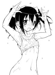 Rule 34 | 10s, 1girl, black hair, bow, breasts, crop top, hair bow, hirowa nagi, looking at viewer, love live!, love live! school idol project, medium hair, monochrome, navel, nico nico nii, no bra, open mouth, simple background, sketch, small breasts, solo, standing, twintails, underboob, wet, wet clothes, white background, yazawa nico