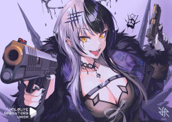 Rule 34 | 1girl, 2023, artist logo, black coat, black hair, breasts, cleavage, coat, commentary, dual wielding, english commentary, english text, fur trim, gun, handgun, highres, hiroki ree, holding, holding gun, holding weapon, hololive, hololive english, large breasts, long hair, long sleeves, m1911, multicolored hair, open mouth, shiori novella, shiori novella (1st costume), solo, tongue, tongue out, two-tone hair, virtual youtuber, weapon, white hair, yellow eyes