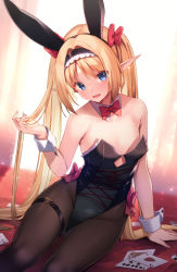 Rule 34 | 1girl, amanuki-san, animal ears, arm support, black leotard, blonde hair, blue eyes, bow, bowtie, breasts, card, character request, cleavage, copyright request, detached collar, fake animal ears, hair bow, hand in own hair, heart, indoors, leg strap, leotard, light particles, long hair, looking at viewer, open mouth, pantyhose, playboy bunny, playing card, pointy ears, rabbit ears, red bow, red bowtie, sitting, small breasts, solo, thigh strap, wrist cuffs, yokozuwari