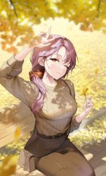 Rule 34 | absurdres, arm up, bag, belt, belt buckle, black belt, blurry, blurry foreground, blush, breasts, brown skirt, brown sweater, buckle, closed mouth, commentary, ginkgo leaf, hair ornament, hair scrunchie, highres, holding, holding leaf, jeon-eo konoshiro, leaf, long hair, long sleeves, looking at viewer, medium breasts, on bench, one eye closed, original, red eyes, red hair, scrunchie, shoulder bag, sitting, skirt, solo, sweater, symbol-only commentary
