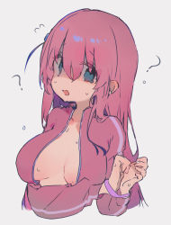 Rule 34 | 1girl, ?, absurdres, bad hands, bocchi the rock!, bound, bound wrists, breasts, breasts apart, collarbone, commentary, cropped torso, gotoh hitori, highres, jacket, large breasts, looking at viewer, open clothes, open jacket, otintin, pink hair, pink jacket, simple background, solo, straight hair, sweatdrop, tears, track jacket, white background