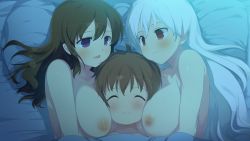Rule 34 | 1boy, 2girls, :3, bed, between breasts, blush, breasts, brown hair, cuddling, evenicle, closed eyes, face, game cg, girl sandwich, happy, large breasts, long hair, lying, multiple girls, nipples, nude, on side, open mouth, pillow, purple eyes, ramius, red eyes, sandwiched, short hair, smile, under covers, white hair, yaegashi nan