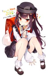 Rule 34 | 1girl, backpack, bag, black bow, black hat, black skirt, blush, bobby socks, book, bow, brown hair, character request, commentary, hair ribbon, hat, highres, holding, holding book, long hair, looking at viewer, mary janes, mika pikazo, original, randoseru, red eyes, red ribbon, ribbon, school uniform, shoes, skirt, socks, solo, text focus, translation request
