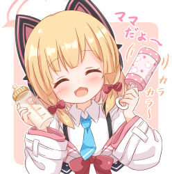 Rule 34 | 1girl, :d, ^ ^, animal ear headphones, animal ears, araki495, baby bottle, blonde hair, blue archive, blue necktie, blush, bottle, bow, brown background, closed eyes, collared shirt, commentary request, cropped torso, facing viewer, fake animal ears, hair bow, halo, headphones, highres, holding, jacket, long sleeves, momoi (blue archive), necktie, off shoulder, open mouth, rattle, red bow, shirt, sidelocks, smile, solo, suspenders, translation request, two-tone background, upper body, white background, white jacket, white shirt, wide sleeves