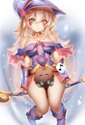 Rule 34 | 1girl, bare shoulders, between thighs, blonde hair, blue footwear, blue leotard, blush stickers, boots, breasts, choker, closed mouth, collarbone, dark magician girl, duel monster, flying, green eyes, hair between eyes, hat, highres, jewelry, kuriboh, large breasts, leotard, long hair, looking down, musical note, necklace, off-shoulder leotard, pentacle, sitting, solo, speech bubble, spoken musical note, staff, thighs, wand, wizard hat, yu-gi-oh!, yu-gi-oh! duel monsters, zasshu