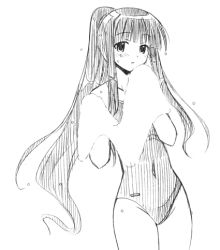 Rule 34 | 00s, 1girl, blush, breasts, carrying, covered navel, facing viewer, greyscale, hands up, harmonia, high ponytail, holding, holding towel, long hair, looking at viewer, lowres, mahou sensei negima!, monochrome, navel, one-piece swimsuit, ookouchi akira, parted lips, ponytail, simple background, sketch, sleeveless, solo, standing, swimsuit, towel, wet, white background