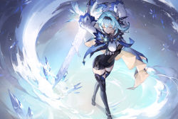 Rule 34 | 1girl, absurdres, arms up, black headband, black shorts, black thighhighs, blue hair, blue necktie, bodystocking, boots, breasts, cape, closed eyes, eula (genshin impact), genshin impact, hair ornament, headband, high heel boots, high heels, highres, holding, holding sword, holding weapon, ice, juliet sleeves, long sleeves, medium breasts, necktie, parted lips, puffy sleeves, shorts, solo, spade-m, sword, thigh boots, thighhighs, two-tone gloves, vision (genshin impact), weapon, zettai ryouiki