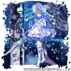 Rule 34 | 1girl, alternate costume, blue bow, blue scarf, boots, bow, braid, copyright name, copyright notice, dress, full body, game cg, grey hair, hat, hat bow, holding, holding sword, holding weapon, izayoi sakuya, izayoi sakuya (devilish white flower knight), looking at viewer, medium hair, roman numeral, rotte (1109), scarf, solo, sword, thigh boots, third-party source, touhou, touhou lostword, twin braids, weapon, white dress, white footwear, white hat
