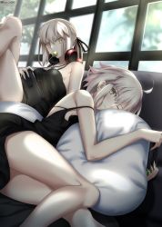 Rule 34 | 2girls, absurdres, ahoge, artoria pendragon (all), artoria pendragon (fate), black ribbon, blush, breasts, candy, clothes lift, cross, cross necklace, crossed legs, fate/grand order, fate (series), foo (pixiv54892036), food, headphones, highres, jeanne d&#039;arc alter (avenger) (fate), jeanne d&#039;arc alter (fate), jewelry, lollipop, looking at viewer, multiple girls, necklace, nintendo switch, off shoulder, official alternate costume, one eye closed, ribbon, saber alter, saber alter (ver. shinjuku 1999) (fate), shirt lift, small breasts, thighs
