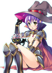 Rule 34 | 1girl, armor, bat wings, belt, blush, breasts, bucchake (asami), cape, cat, center opening, gauntlets, hat, highres, looking at viewer, magical halloween, noir auslese, pointy ears, purple hair, short hair, sitting, small breasts, solo, white background, wings, yellow eyes