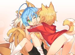 Rule 34 | 3girls, ^ ^, ahoge, animal ears, ass, bangle, bent over, bike shorts, black shorts, blonde hair, blue hair, blush, bracelet, closed eyes, commentary request, dark-skinned female, dark skin, dog ears, dog tail, facial mark, girl sandwich, gradient background, green eyes, hair between eyes, head tilt, heart, holding tail, hood, hoodie, hug, huge ahoge, jewelry, kneehighs, kneeling, licking, licking another&#039;s face, long hair, looking at viewer, multiple girls, no pants, one eye closed, open mouth, original, outline, panties, pink background, profile, red shirt, rokushou, sandwiched, shirt, shorts, sitting, sleeveless, sleeveless shirt, socks, striped clothes, striped shirt, tail, tongue, tongue out, underwear, very long hair, white hair, white legwear, white panties, white shirt, yellow shirt, zipper