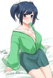 Rule 34 | 1girl, absurdres, blue eyes, blue hair, breasts, cleavage, commentary request, cowboy shot, dated, green hakama, green kimono, hair ribbon, hakama, hakama short skirt, hakama skirt, highres, japanese clothes, kantai collection, kimono, large breasts, numbered, one-hour drawing challenge, open clothes, open kimono, ribbon, short hair, simple background, skirt, solo, souryuu (kancolle), twintails, watashitachino kareshi, white background
