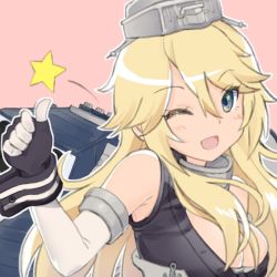 Rule 34 | 10s, 1girl, ;d, anchor symbol, bad id, bad twitter id, bare shoulders, blonde hair, blue eyes, blush, breasts, cleavage, elbow gloves, eyebrows, gloves, hair between eyes, headgear, iowa (kancolle), kantai collection, large breasts, long hair, mokyutan, one eye closed, open mouth, outline, pink background, simple background, smile, solo, star (symbol), thumbs up, tsurime