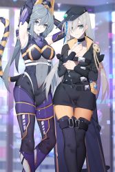 Rule 34 | 2girls, arms behind head, arms up, belly, belt, black legwear, blue eyes, blue hair, bodysuit, braid, breasts, cape, chinese commentary, choker, duel monster, earrings, elbow gloves, fake tail, feet out of frame, glint, gloves, grey eyes, grey hair, hair over one eye, hat, highres, i:p masquerena, jewelry, leg belt, long hair, multicolored hair, multiple girls, nami qi, navel, official alternate costume, pantyhose, parted lips, single braid, tail, thighhighs, two-tone hair, witchcrafter haine, yu-gi-oh!