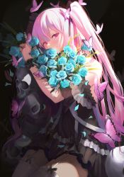 Rule 34 | 1girl, absurdres, black dress, blue flower, blue rose, bouquet, bug, butterfly, cherrymaru, covered mouth, dress, eyebrows, flower, half-closed eyes, highres, holding, holding bouquet, hololive, insect, long hair, off-shoulder dress, off shoulder, pink butterfly, pink eyes, pink hair, rose, skull, solo, thighhighs, two side up, uruha rushia, uruha rushia (3rd costume), virtual youtuber