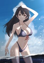 Rule 34 | 1girl, aged up, ahoge, bare shoulders, bikini, black bikini, black hair, breasts, brown eyes, cleavage, collarbone, cowboy shot, highres, kantai collection, large breasts, long hair, looking at viewer, navel, neve (morris-minicooper), paid reward available, partially submerged, signature, smile, solo, swimsuit, ushio (kancolle)