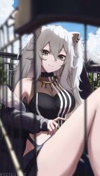 Rule 34 | 1girl, animal ears, artist name, bare legs, bare shoulders, black jacket, black skirt, blue sky, breasts, cleavage, closed mouth, cloud, crop top, grey eyes, grey hair, hair between eyes, halterneck, highres, hololive, in shopping cart, jacket, jewelry, large breasts, lion ears, lion girl, long sleeves, looking at viewer, miniskirt, necklace, off shoulder, outdoors, shishiro botan, shishiro botan (1st costume), shopping cart, sitting, skirt, sky, smile, solo, vicarious, virtual youtuber