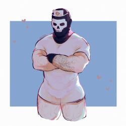 Rule 34 | 1boy, alternate costume, arm hair, bara, call of duty, call of duty: modern warfare 2, closed eyes, cropped legs, crossdressing, crossed arms, ghost (modern warfare 2), hairy, hat, heart, highres, leg hair, male focus, mask, muscular, muscular male, nurse, nurse cap, pectorals, skull mask, solo, standing, thick thighs, thighs, two-tone background, yuli (bbgyz44)