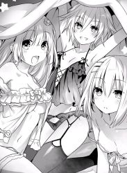 Rule 34 | 10s, 3girls, arms up, babydoll, blush, bra, breasts, character request, cleavage, collarbone, date a live, garter belt, grin, groin, hair between eyes, hair ornament, honjou nia, izayoi miku, looking at viewer, medium breasts, monochrome, multiple girls, navel, novel illustration, off shoulder, official art, open mouth, panties, parted lips, short hair, small breasts, smile, star (symbol), tobiichi origami, tsunako, underboob, underwear, underwear only