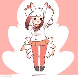 Rule 34 | 1girl, arms up, bird girl, bird tail, bird wings, bow, bowtie, coroha, feathered wings, full body, gloves, head wings, jacket, japanese crested ibis (kemono friends), jumping, kemono friends, long hair, looking at viewer, red background, red hair, shoes, simple background, skirt, solo, tail, thighhighs, white hair, wings