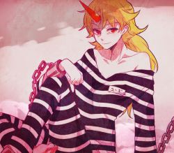 Rule 34 | 1girl, 6 (yuchae), blonde hair, chain, collarbone, cuffs, horns, hoshiguma yuugi, long hair, name tag, off shoulder, pointy ears, prison clothes, red eyes, shackles, single horn, sitting, smile, solo, touhou