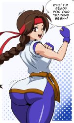 Rule 34 | 1girl, ass, bare shoulders, braid, breasts, brown eyes, brown hair, fingerless gloves, from behind, gloves, headband, highres, huge ass, jiggle, long hair, looking at viewer, looking back, mergeritter, one eye closed, open mouth, shiny clothes, sideboob, single braid, smile, snk, solo, spandex, the king of fighters, thick thighs, thighs, very long hair, wink, yuri sakazaki