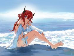 Rule 34 | 1girl, absurdres, arknights, bare legs, bare shoulders, barefoot, bikini, blue sky, breasts, cleavage, commentary request, day, detached sleeves, hair between eyes, hair intakes, hair rings, highres, horns, long hair, long sleeves, looking at viewer, medium breasts, official alternate costume, outdoors, paradox (parapa), purple eyes, red hair, sitting, sky, smile, solo, surtr (arknights), surtr (colorful wonderland) (arknights), swimsuit, thigh strap, thighs, water