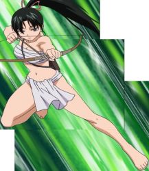 Rule 34 | 1girl, armpits, bare shoulders, barefoot, bow (weapon), breasts, cleavage, collarbone, curvy, eyelashes, feet, female focus, fighting stance, fingernails, full body, fundoshi, green hair, grey eyes, half-closed eyes, japanese clothes, kousaka shigure, large breasts, legs, long hair, midriff, navel, neck, outstretched arms, ponytail, sarashi, serious, shijou saikyou no deshi ken&#039;ichi, shiny skin, spread arms, spread legs, stitched, thighs, third-party edit, toenails, toes, traditional clothes, underwear, underwear only, very long hair, weapon