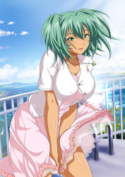 Rule 34 | 1girl, breasts, dress, green eyes, green hair, ikkitousen, large breasts, leaning forward, looking at viewer, open mouth, ryofu housen, smile, solo, standing, tagme, twintails