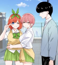Rule 34 | 1boy, 2girls, antenna hair, arm at side, black hair, blue eyes, blue jacket, blue sky, blush, bow, breast press, breasts, closed mouth, clothes around waist, cloud, commentary, cowboy shot, day, dress shirt, expressionless, eyebrows hidden by hair, facing viewer, go-toubun no hanayome, green bow, green ribbon, green skirt, hair between eyes, hair ribbon, highres, jacket, large breasts, long sleeves, looking at another, looking at viewer, mame1645, medium hair, miniskirt, multiple girls, nakano ichika, nakano yotsuba, on roof, one eye closed, orange hair, outdoors, pink hair, plaid, plaid bow, pleated skirt, profile, ribbon, rooftop, school uniform, shirt, short hair, siblings, sisters, skirt, sky, smile, standing, straight hair, sweater vest, symbol-only commentary, twins, uesugi fuutarou, v over eye, white shirt, yellow sweater vest